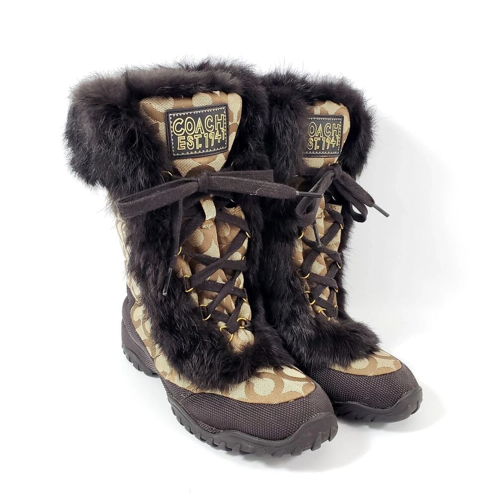 Coach Jennie Size 7.5B Womens Khaki Signature Rabbit Fur Winter Boots